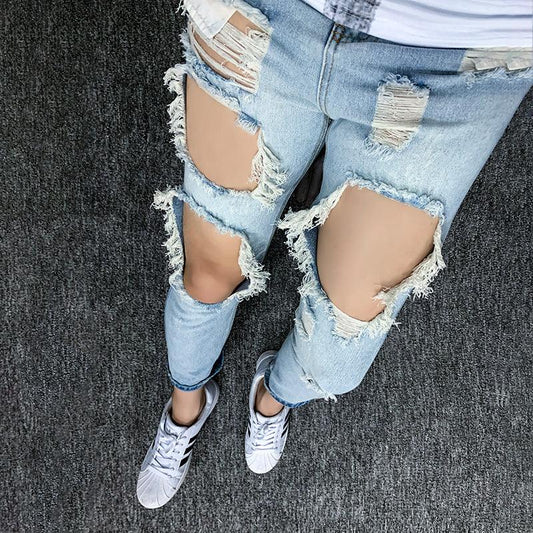 Summer Big Ripped Oversized Jeans Men's Cropped Jeans Men's Trendy K-style Beggar Scrape Cropped Ripped Pants - MANDOTOS