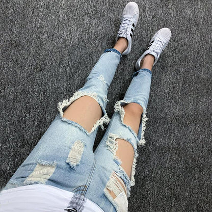 Summer Big Ripped Oversized Jeans Men's Cropped Jeans Men's Trendy K-style Beggar Scrape Cropped Ripped Pants - MANDOTOS