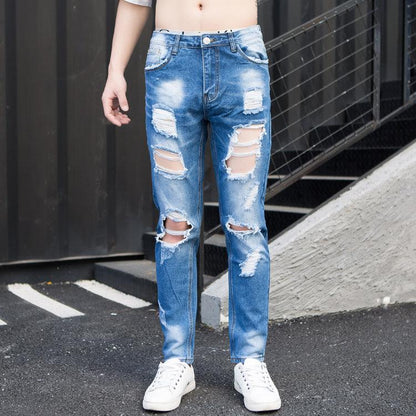 Summer Big Ripped Oversized Jeans Men's Cropped Jeans Men's Trendy K-style Beggar Scrape Cropped Ripped Pants - MANDOTOS