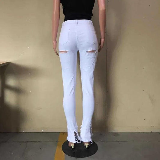 Summer Women Washed Ripped Jeans Fashion Sexy High Waist Skinny Denim Jeans Black Hollow Out Bleached Pencil Pants - MANDOTOS