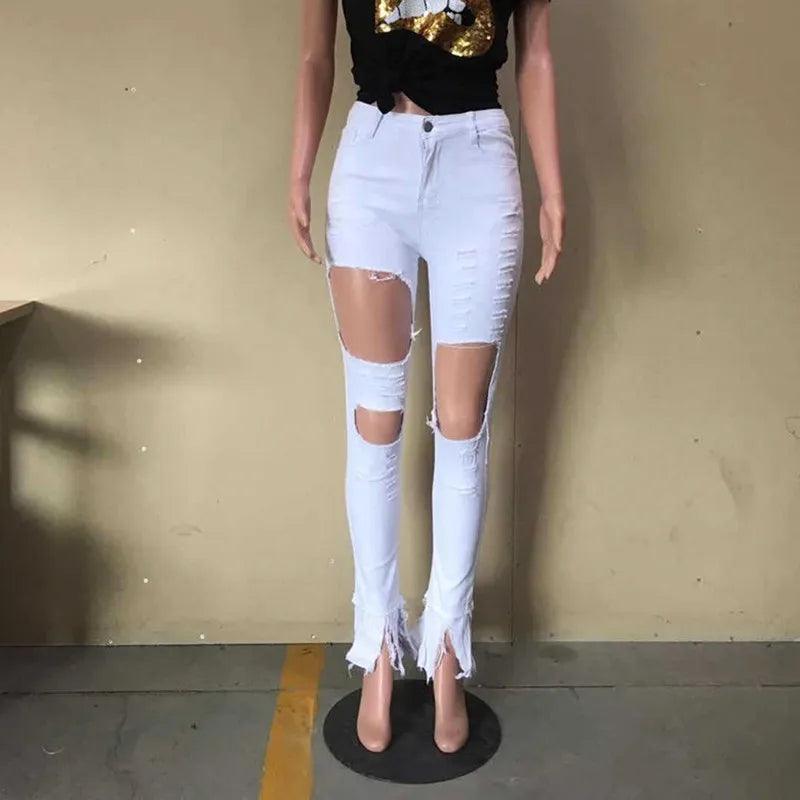 Summer Women Washed Ripped Jeans Fashion Sexy High Waist Skinny Denim Jeans Black Hollow Out Bleached Pencil Pants - MANDOTOS