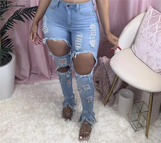 Summer Women Washed Ripped Jeans Fashion Sexy High Waist Skinny Denim Jeans Black Hollow Out Bleached Pencil Pants - MANDOTOS
