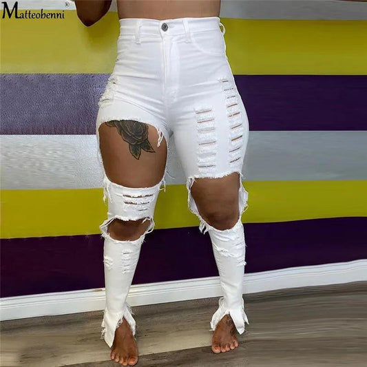 Summer Women Washed Ripped Jeans Fashion Sexy High Waist Skinny Denim Jeans Black Hollow Out Bleached Pencil Pants - MANDOTOS