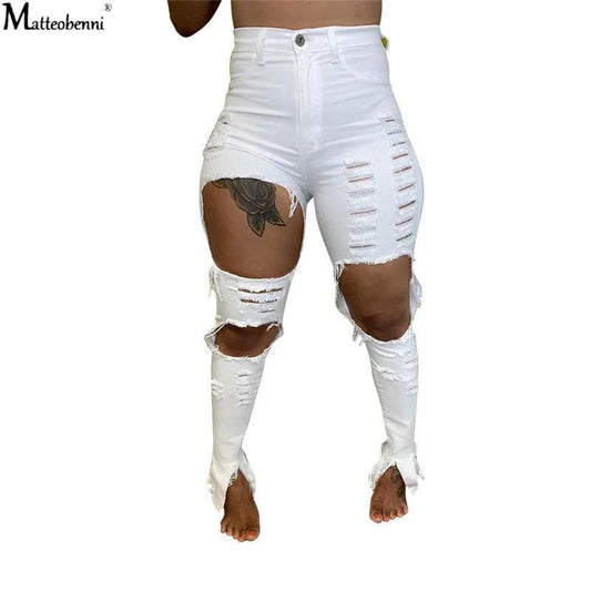 Summer Women Washed Ripped Jeans Fashion Sexy High Waist Skinny Denim Jeans Black Hollow Out Bleached Pencil Pants - MANDOTOS