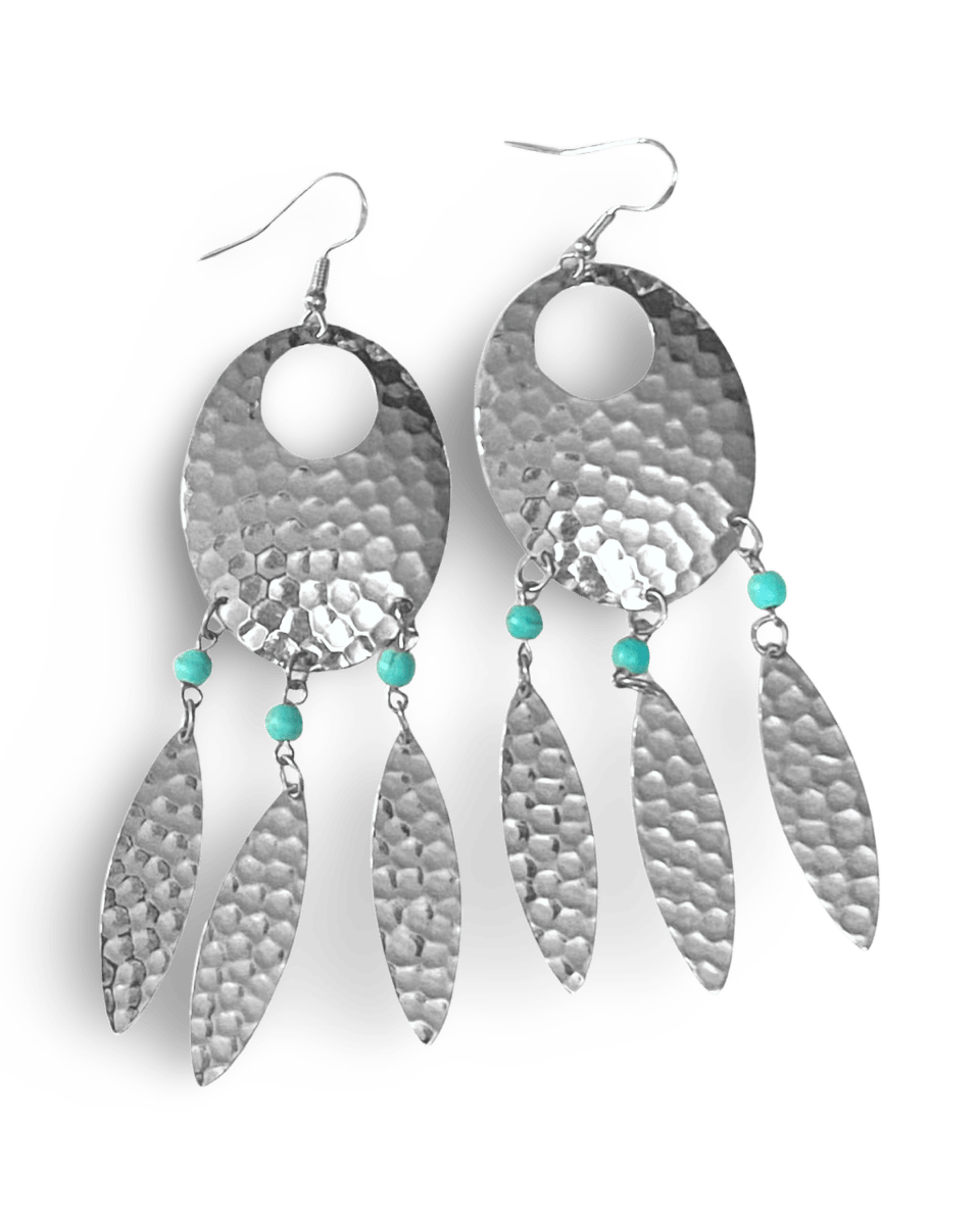 Navette Dream Catcher earrings by The Urban Charm featuring turquoise accents and feather details, hanging with intricate design.