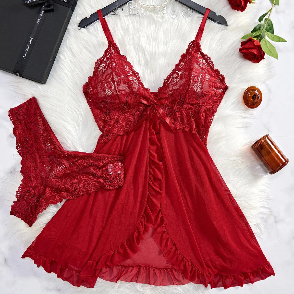 Transparent Red Sexy Lingerie Women's Underwear See Through Sleepwear Lace Nightdress And Panty Pijamas Sets Female Sexy Nighty - MANDOTOS