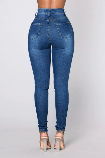 Women High Waist Stretch Hip Lift Denim Skinny Pants Jeans Full Length Sexy Slim Bleachded Solid Color Pants - MANDOTOS