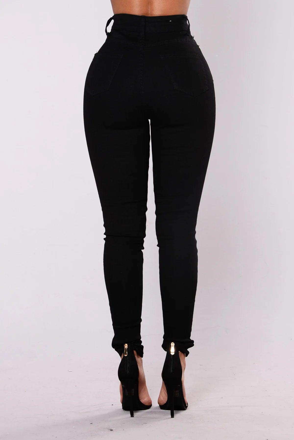 Women High Waist Stretch Hip Lift Denim Skinny Pants Jeans Full Length Sexy Slim Bleachded Solid Color Pants - MANDOTOS