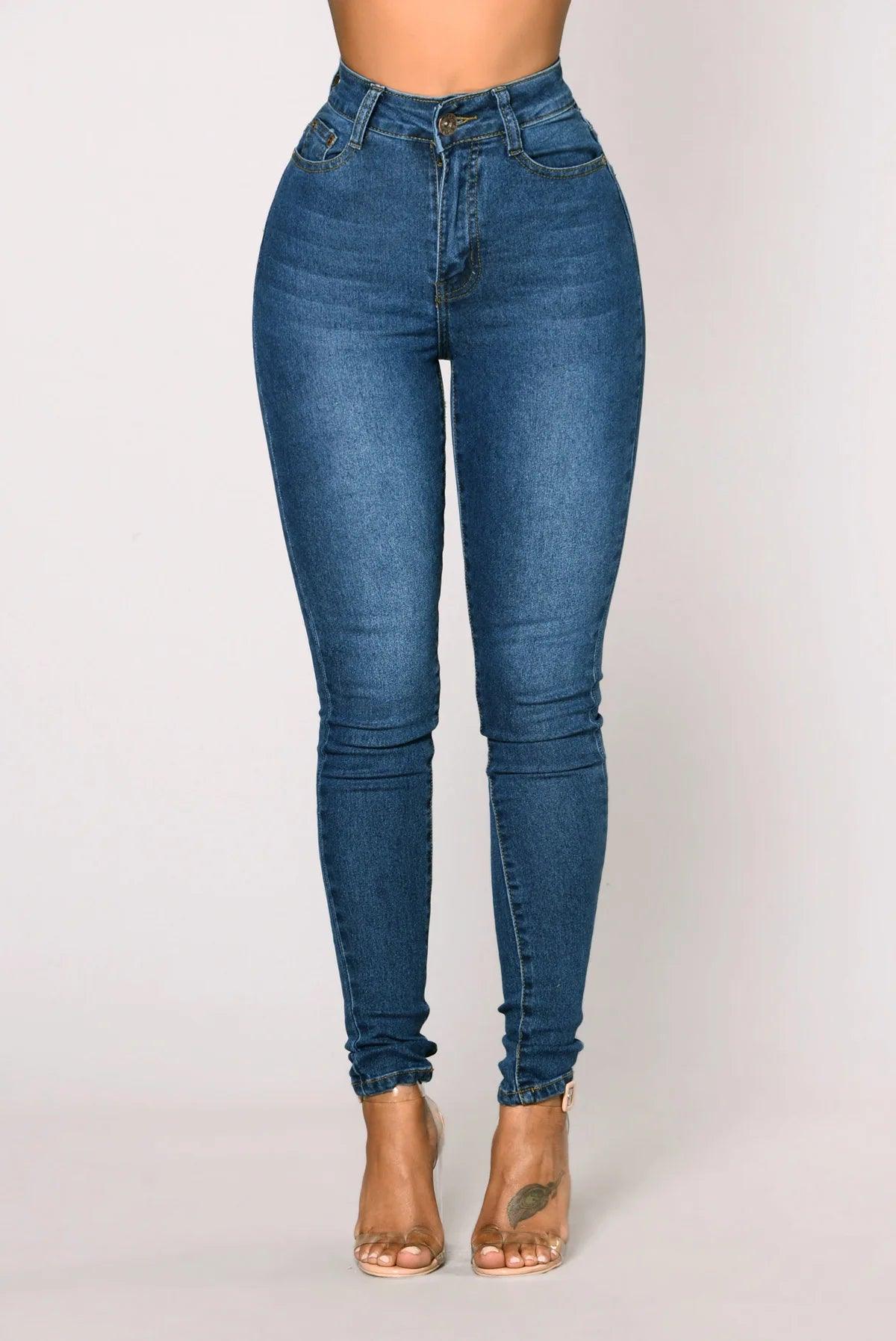Women High Waist Stretch Hip Lift Denim Skinny Pants Jeans Full Length Sexy Slim Bleachded Solid Color Pants - MANDOTOS