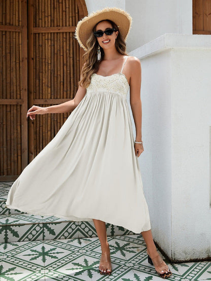 Women's Bohemian Maxi Dress - Breathable Rayon Fabric With Embroidered Bust And Elastic Back, Flowy Skirt In Black, White, And Green - MANDOTOS