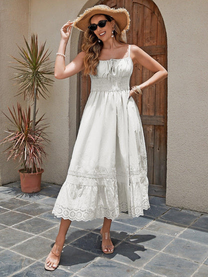 Women's Cotton Maxi Dress - Breathable Summer Dress With Embroidered Hem, Elastic Waist, And French Romantic Style - MANDOTOS