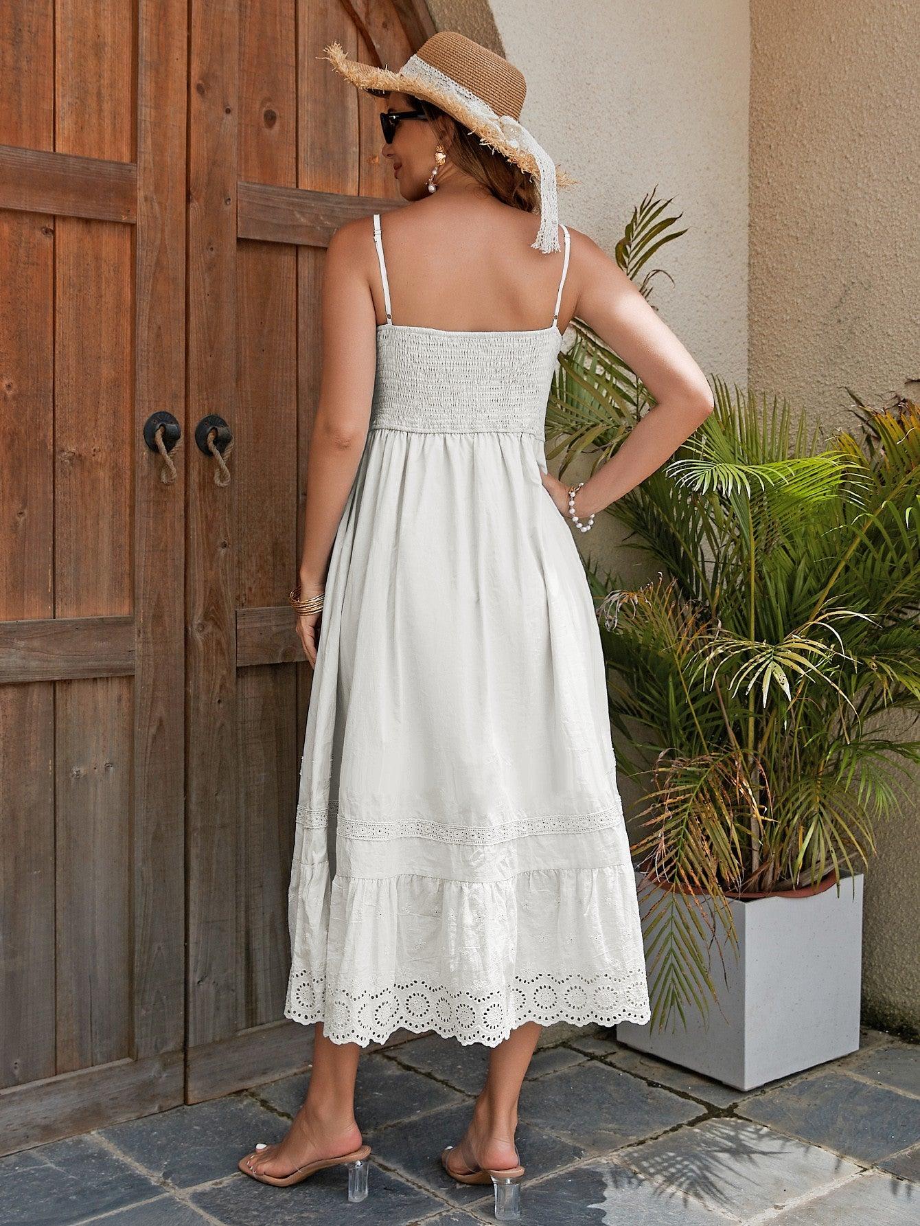 Women's Cotton Maxi Dress - Breathable Summer Dress With Embroidered Hem, Elastic Waist, And French Romantic Style - MANDOTOS