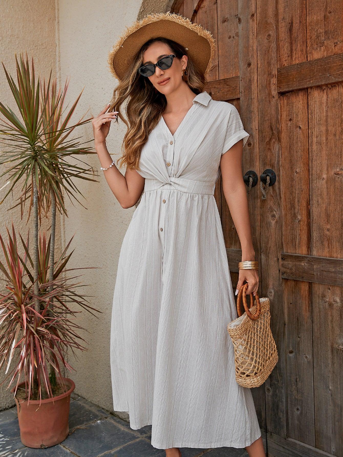 Women's Cotton Shirt Dress - Breathable X-Line Midi Dress With Knotted Waist Detail For A Flattering Fit - MANDOTOS