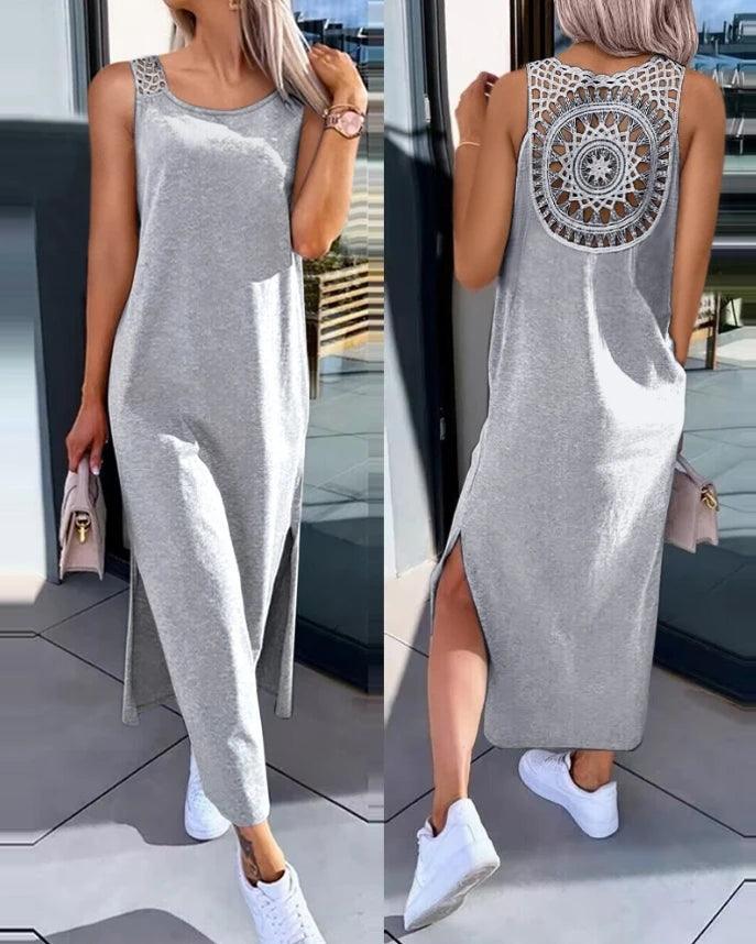 Womens Dresses 2024 Summer Fashion Slit Hollow-Out Casual Plain Round Neck Sleeveless Daily Straight Mid-Calf Dress - MANDOTOS