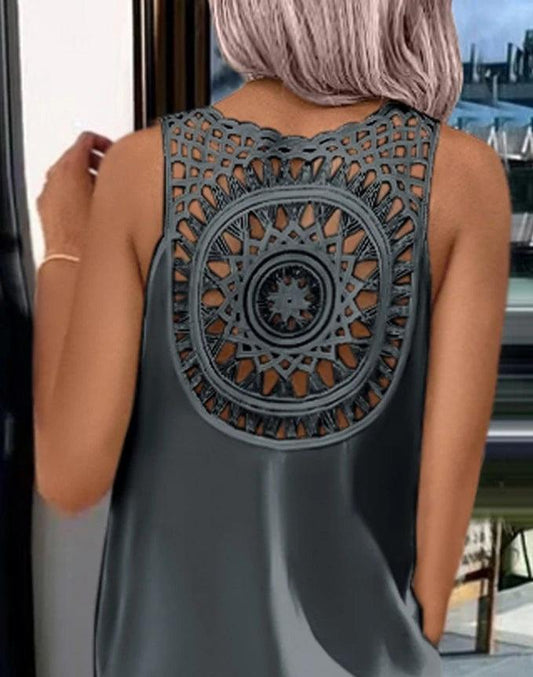 Womens Dresses 2024 Summer Fashion Slit Hollow-Out Casual Plain Round Neck Sleeveless Daily Straight Mid-Calf Dress - MANDOTOS