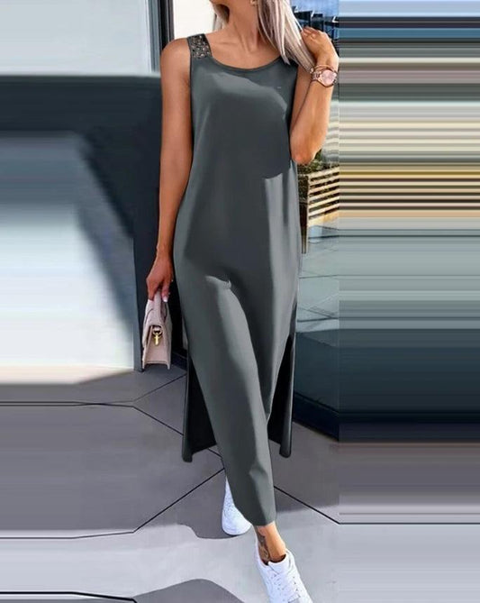 Womens Dresses 2024 Summer Fashion Slit Hollow-Out Casual Plain Round Neck Sleeveless Daily Straight Mid-Calf Dress - MANDOTOS