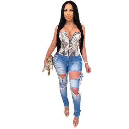 Women's Fashion Ripped High-waisted Slim Feet Pants - MANDOTOS