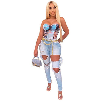 Women's Fashion Ripped High-waisted Slim Feet Pants - MANDOTOS