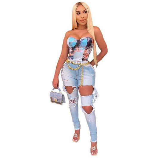 Women's Fashion Ripped High-waisted Slim Feet Pants - MANDOTOS