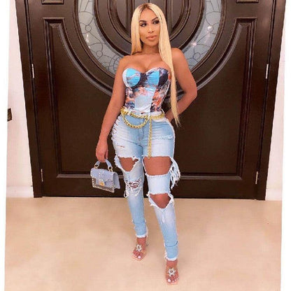 Women's Fashion Ripped High-waisted Slim Feet Pants - MANDOTOS