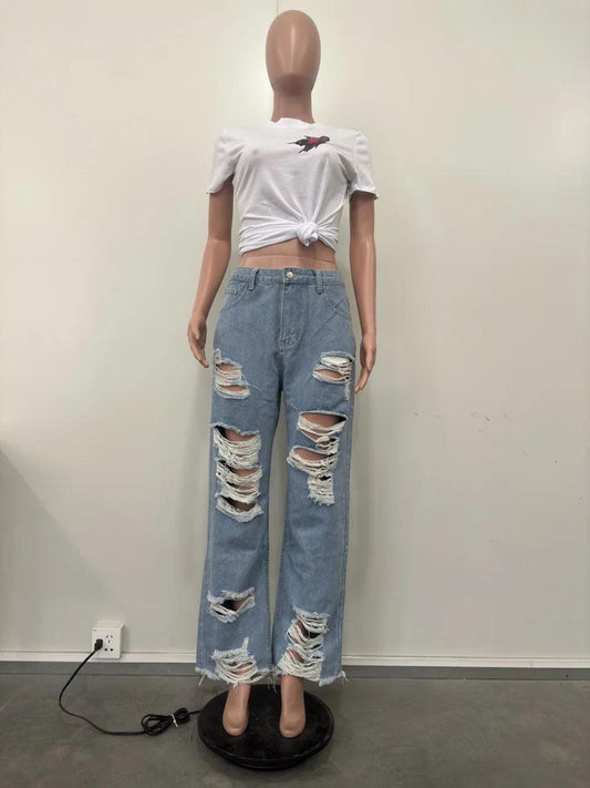 Women's Jeans Sexy Fashion Burnt Flower Hole Jeans Spring Summer Ladies Casual High Waist Denim Versatile Denim Trousers 2025 - MANDOTOS