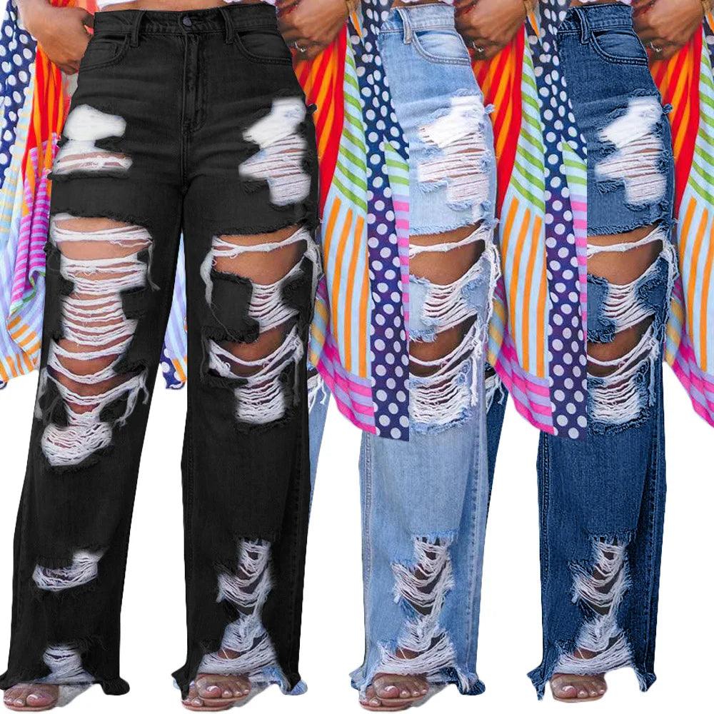 Women's Jeans Sexy Fashion Burnt Flower Hole Jeans Spring Summer Ladies Casual High Waist Denim Versatile Denim Trousers 2025 - MANDOTOS