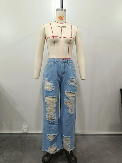 Women's Jeans Sexy Fashion Burnt Flower Hole Jeans Spring Summer Ladies Casual High Waist Denim Versatile Denim Trousers 2025 - MANDOTOS