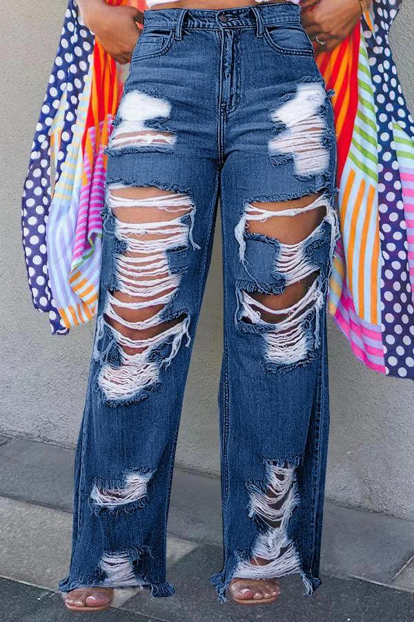 Women's Jeans Sexy Fashion Burnt Flower Hole Jeans Spring Summer Ladies Casual High Waist Denim Versatile Denim Trousers 2025 - MANDOTOS
