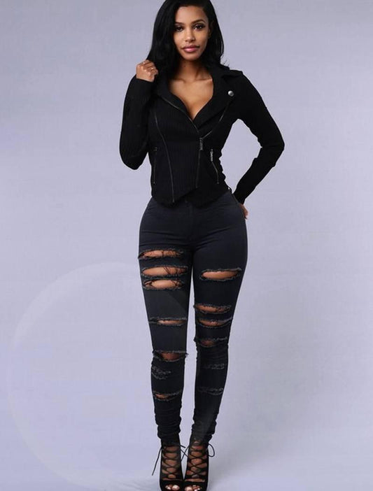 Women's Stretch Leggings Slim Slimming Jeans with Holes - MANDOTOS