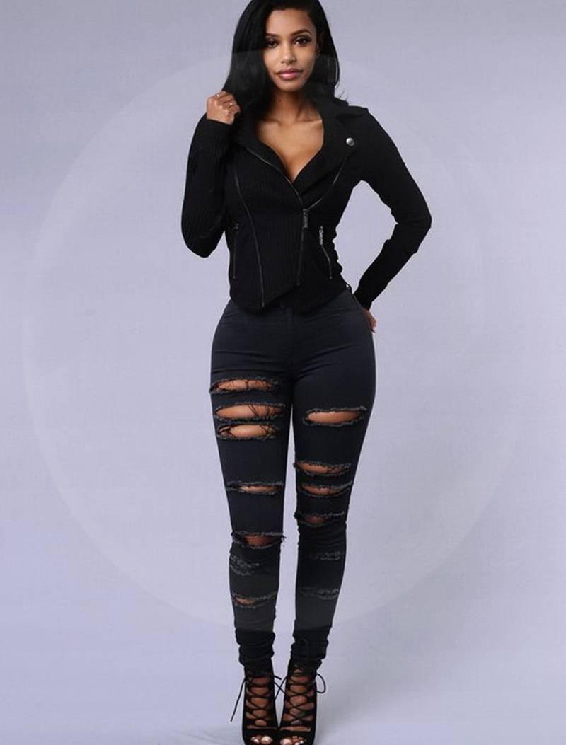 Women's Stretch Leggings Slim Slimming Jeans with Holes - MANDOTOS