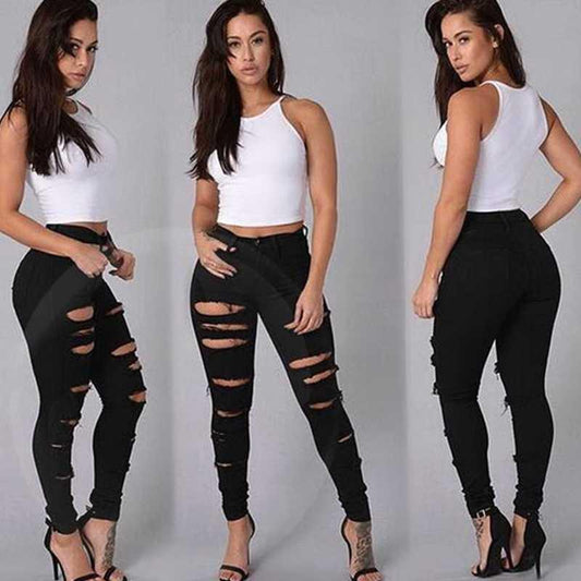 Women's Stretch Leggings Slim Slimming Jeans with Holes - MANDOTOS